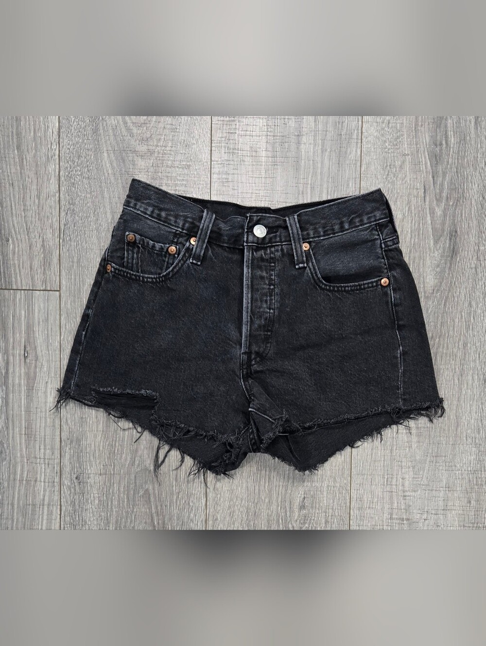 Levi’s 501 Black Cut Off Denim Shorts W/Sz/25 Button Fly Distressed Raw Hem #404